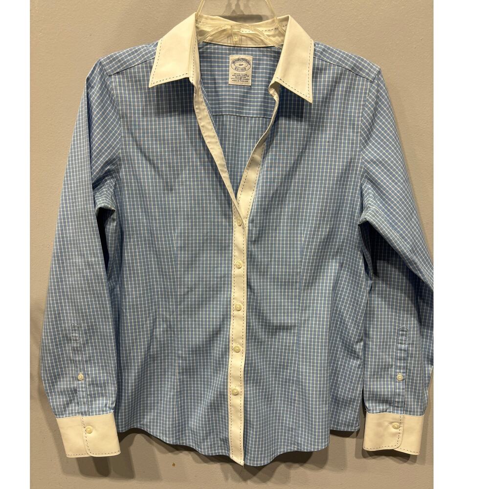 Brooks Brothesrs Shirt Blouse Womens Size 10 Petite Blue White Office Career